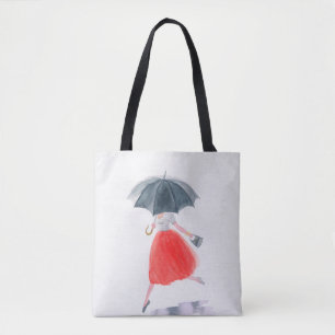Meisje met paraplu in de regen. mode illustratie. tote bag