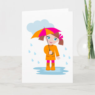 Meisje met paraplu in regen Kinderen Regenachtige Kaart