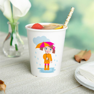 Meisje met paraplu in regen Kinderen Regenachtige Papieren Bekers