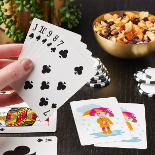 Meisje met paraplu in regen Kinderen Regenachtige Pokerkaarten