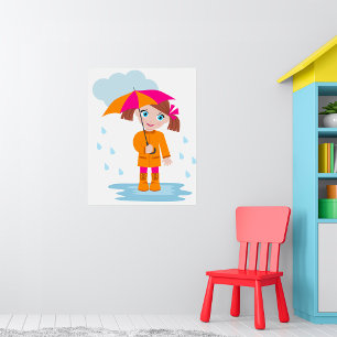 Meisje met paraplu in regen Kinderen Regenachtige Poster