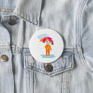 Meisje met paraplu in regen Kinderen Regenachtige Ronde Button 7,6 Cm