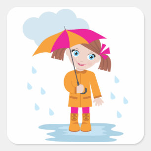 Meisje met paraplu in regen Kinderen Regenachtige Vierkante Sticker