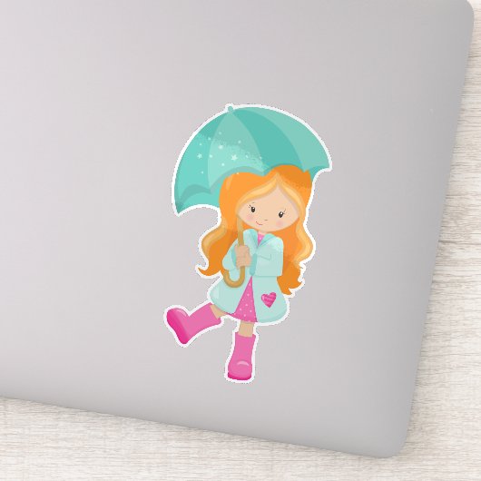 Meisje met paraplu, meisje met regenjas, Oranje ha Sticker (Detail)