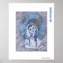 Meisje met parasol, blauw inktportret op witte pap poster