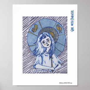 Meisje met parasol, blauw inktportret op witte pap poster