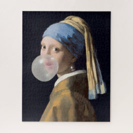 Meisje met parel oorbel blazen van een bubble gum legpuzzel