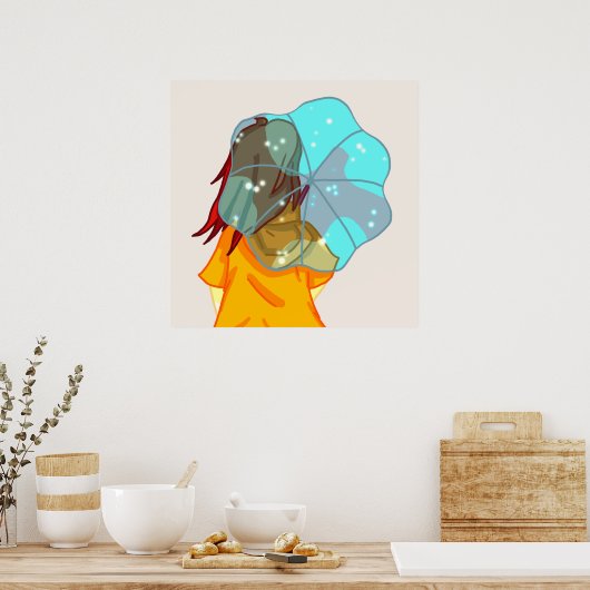 Meisje met parmbrella in Wind Rain Drawing Poster (Keuken)