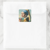 Meisje met Pearl Earring met oortjes Vierkante Sticker (Tas)