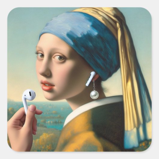 Meisje met Pearl Earring met oortjes Vierkante Sticker (Voorkant)