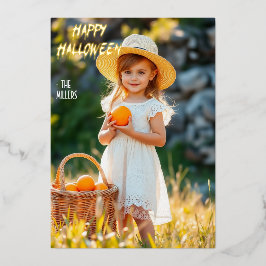 Meisje met pompoenmand Happy Halloween Folie Uitnodiging