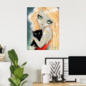 Meisje met poster van zwarte kat print (Thuiskantoor)