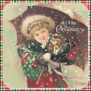 Meisje met Puppy in haar Muff Vintage Kerstmis Vierkante Sticker