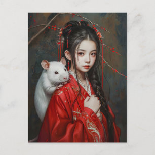 Meisje met Rat Chinese Zodiac Kunst Briefkaart