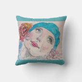 Meisje met Red Rose Beret Waterverf Aqua Cushion Kussen (Achterkant)