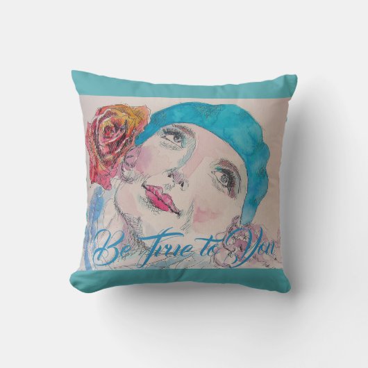 Meisje met Red Rose Beret Waterverf Aqua Cushion Kussen (Voorkant)