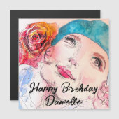 Meisje met Red Rose Beret Waterverf Birthday (Voorkant / Achterkant)