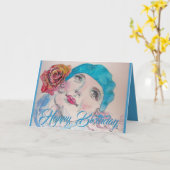 Meisje met Red Rose Beret Waterverf Birthday Kaart (Gele Bloem)