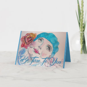 Meisje met Red Rose Beret Waterverf Birthday Kaart