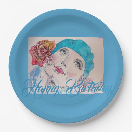 Meisje met Red Rose Beret Waterverf Birthday Kaart Papieren Bordje (Voorkant)