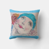 Meisje met Red Rose Beret Waterverf Blauwgroen kus Kussen (Achterkant)