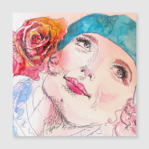 Meisje met Red Rose Beret Waterverf Magnetic Card