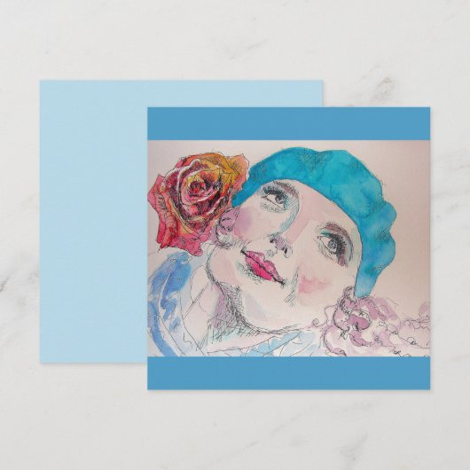 Meisje met Red Rose Beret Waterverf Magnetic Card (Voorkant / Achterkant)