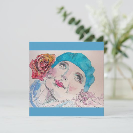 Meisje met Red Rose Beret Waterverf Magnetic Card (Staand voorkant)