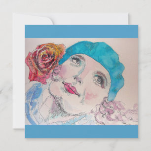 Meisje met Red Rose Beret Waterverf Magnetic Card