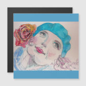 Meisje met Red Rose Beret Waterverf Magnetic Card (Voorkant / Achterkant)