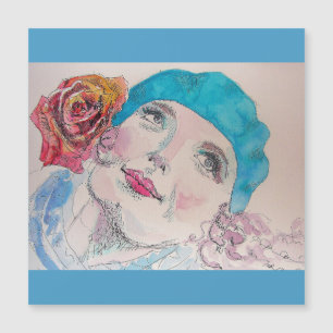 Meisje met Red Rose Beret Waterverf Magnetic Card