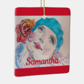 Meisje met Red Rose Beret Waterverf Meisjesnaam Keramisch Ornament (Rechts)