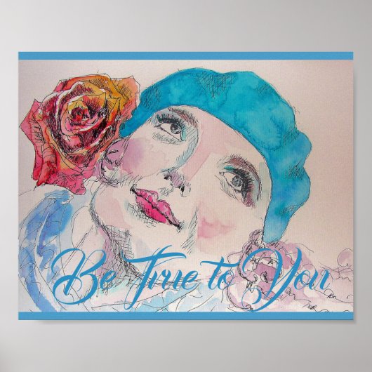 Meisje met Red Rose Beret Waterverf Poster (Voorkant)