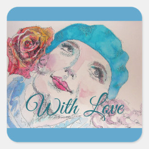 Meisje met Red Rose Beret Waterverf Vierkante Sticker