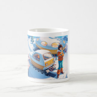 Meisje met retro sneeuwscooter koffiemok