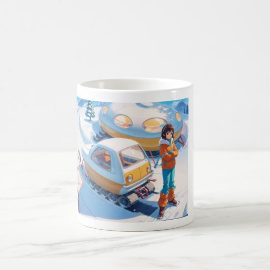 Meisje met retro sneeuwscooter koffiemok (Center)