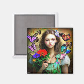 Meisje met Rode Bloemen en Vlinders Magneet (Voorkant / Achterkant)