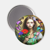  Meisje met Rode Bloemen en Vlinders Magneet (Voorkant / Achterkant)