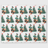 meisje met rode laarzen en kerstbomen cadeaupapier (Vlak)