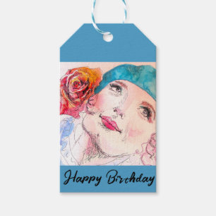 Meisje met Rode Rose Beret Verjaardagsfeestje Meis Cadeaulabel