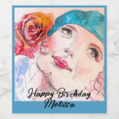 Meisje met Rode Rose Beret Verjaardagsfeestje Vrou Wijn Etiket (Enkel label)