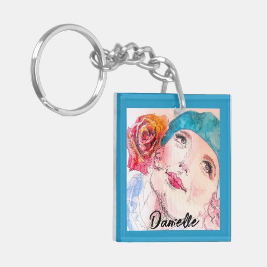 Meisje met Rode Rose Beret Vrouwen Aqua Meisjes Sleutelhanger (Voorkant Links)