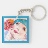 Meisje met Rode Rose Beret Vrouwen Aqua Meisjes Sleutelhanger (Achterkant)