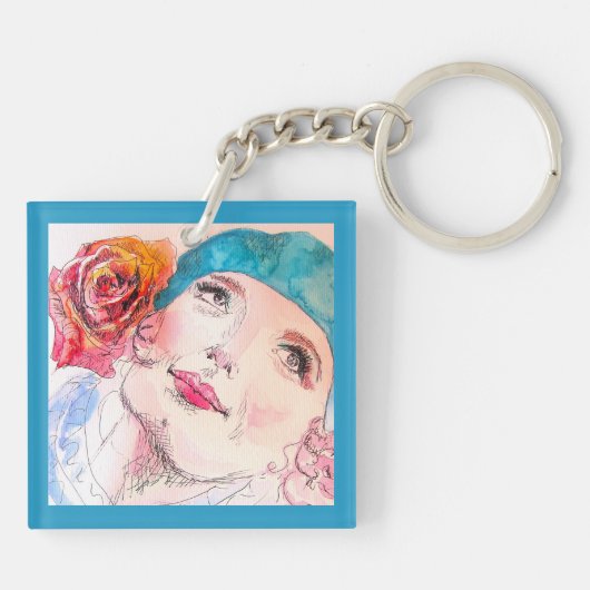 Meisje met Rode Rose Beret Vrouwen Aqua Meisjes Sleutelhanger (Achterkant)