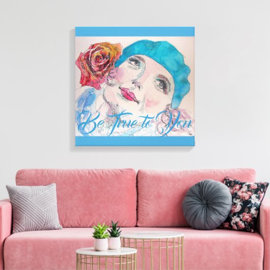 Meisje met Rode Rose Beret Waterverf Canvas Print (Insitu (Woonkamer))