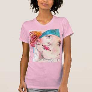 Meisje met Rode Rose Beret Waterverf Meisjes Roze T-shirt