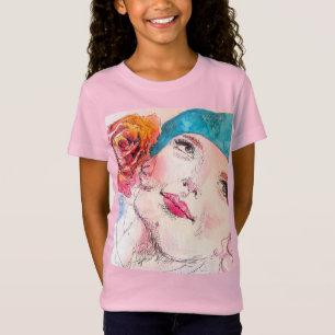 Meisje met Rode Rose Beret Waterverf Meisjes Roze T-shirt