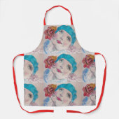 Meisje met rode roze Waterverf Beret Blauwgroen ro Schort (Voorkant)