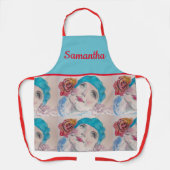 Meisje met rode roze Waterverf Beret Blauwgroen ro Schort (Voorkant)