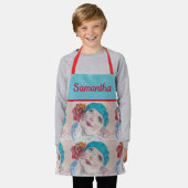 Meisje met rode rozenWaterverf Beret Blauwgroen ro Schort (Gedragen)